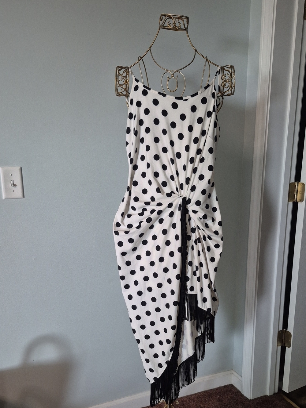 VENUS White & Black Polka Dot Fringe Mini Dress